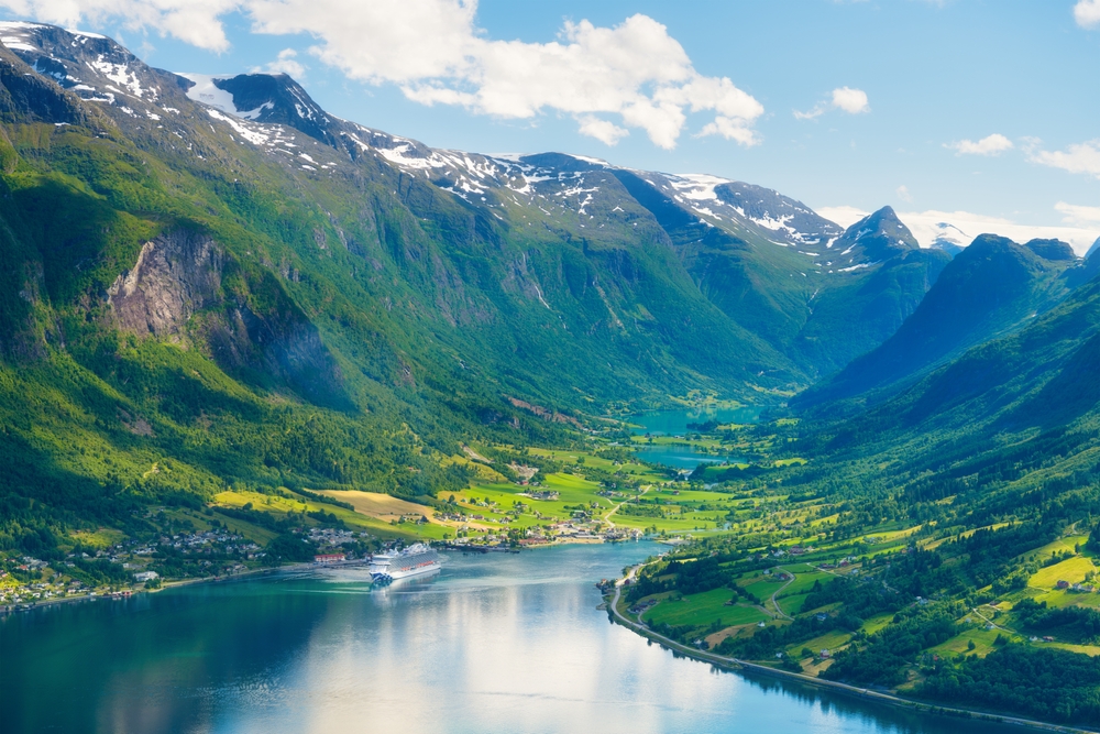Norway.,Cruise,Ship,In,The,Norwegian,Fjord.,High,Mountains,And
